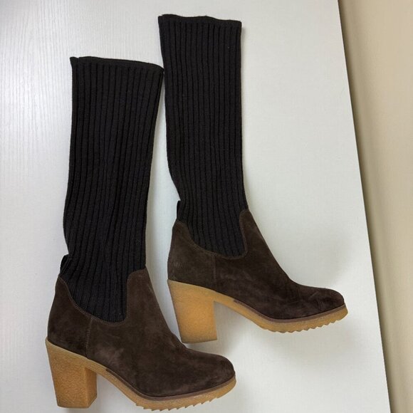 Miss Albright Anthropologie Brown Suede Sock Sweater Heeled Boots - Picture 2 of 10